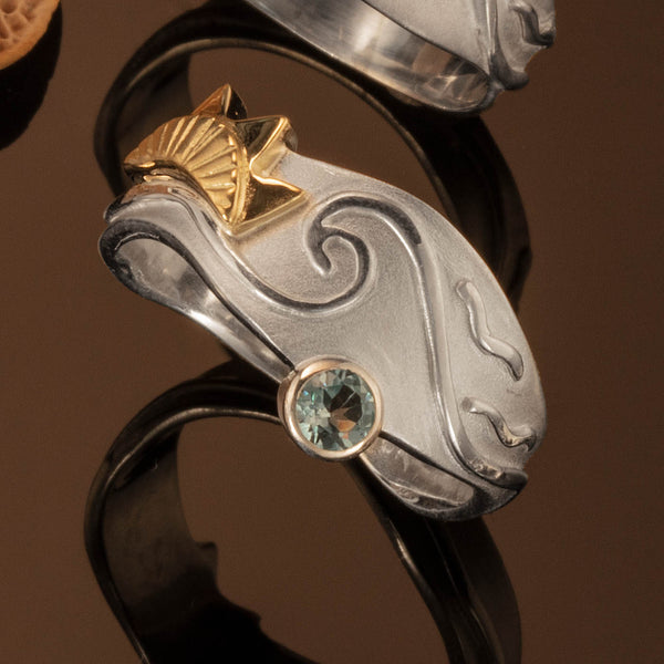 Ocean Ring with Gold Sun and Blue Topaz