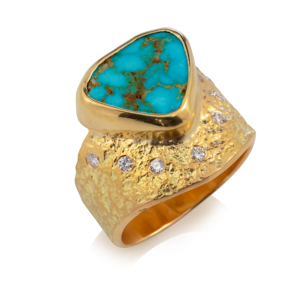 Rockhammered Turquoise Ring with Diamonds