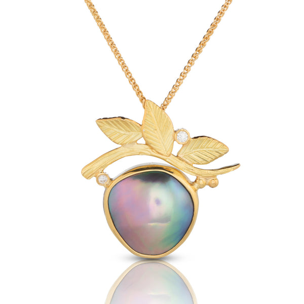 Sea of Cortez Pearl Pendant with Leaves and Diamonds