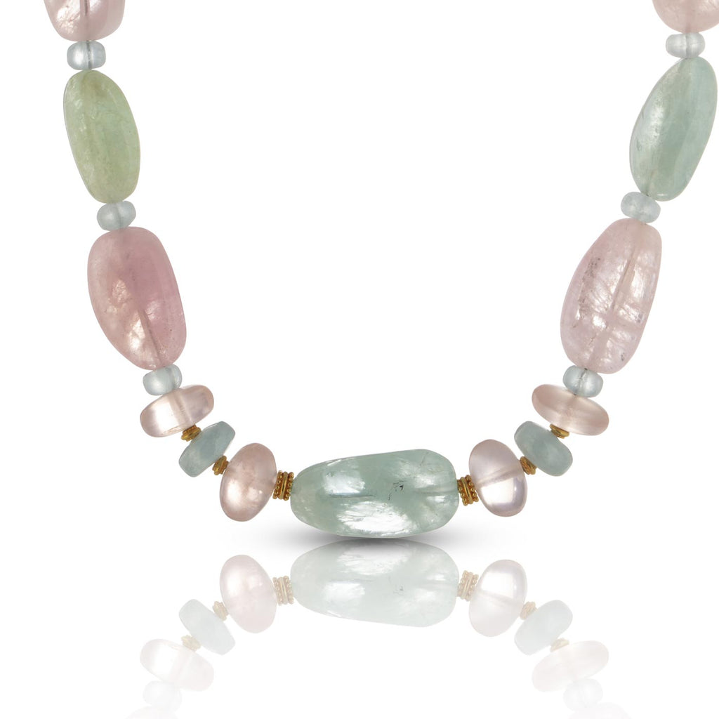Beaded Necklace with Aquamarine, Rose Quartz and Beryl