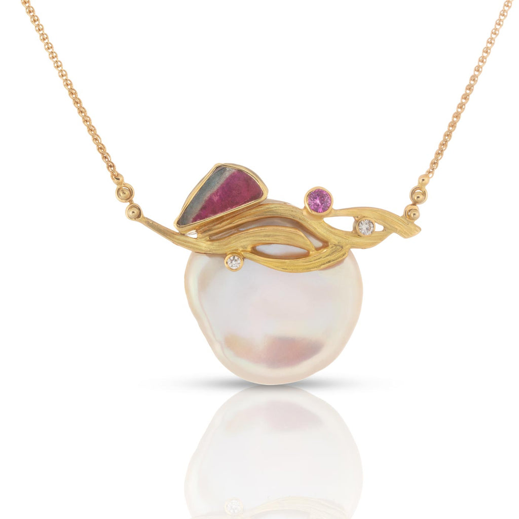 Driftwood Necklace with Watermelon Tourmaline and Pearl