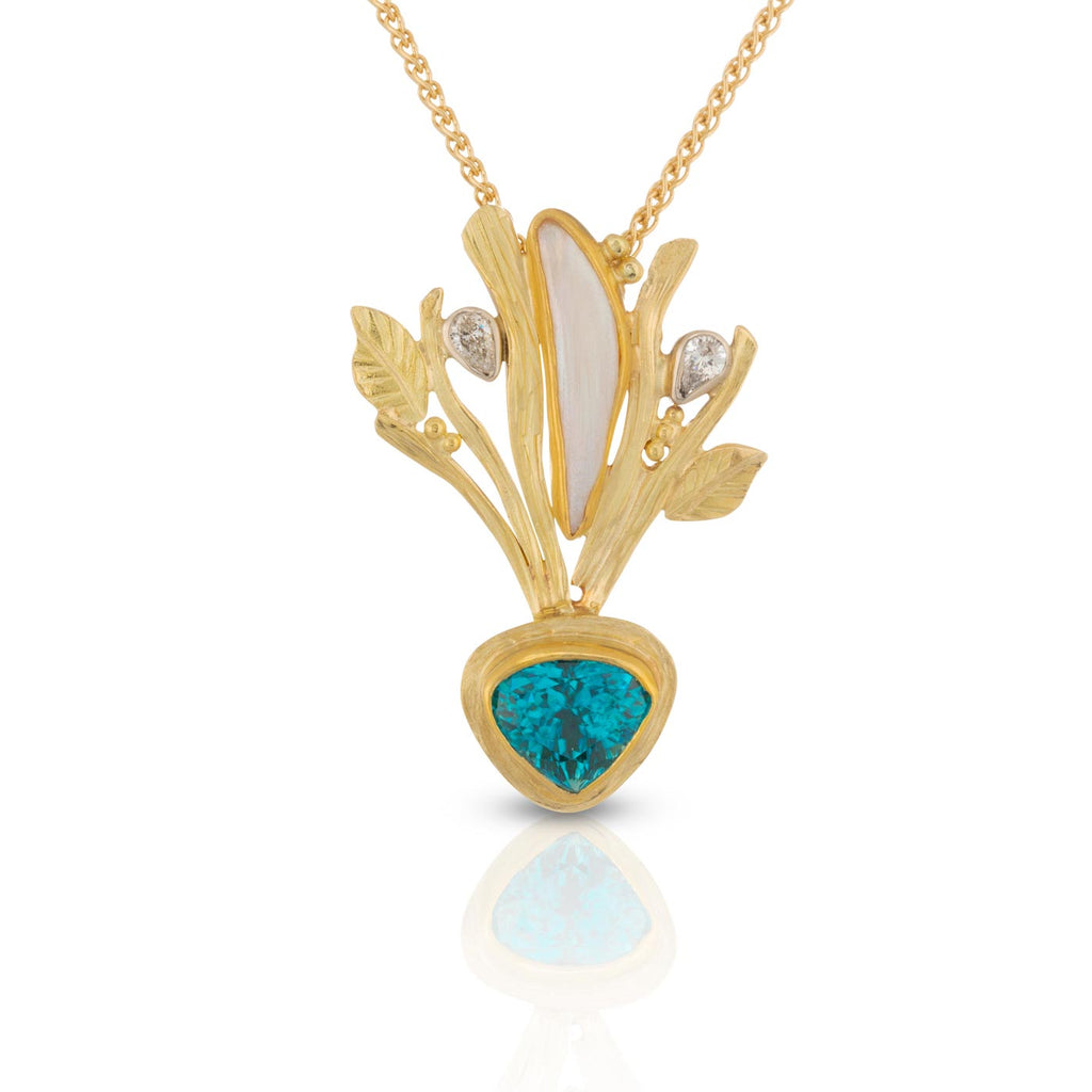 Blue Zircon and Pearl Leaf Pendant
