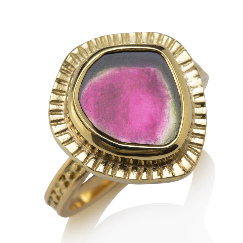 Bead & Rail Ring with Watermelon Tourmaline