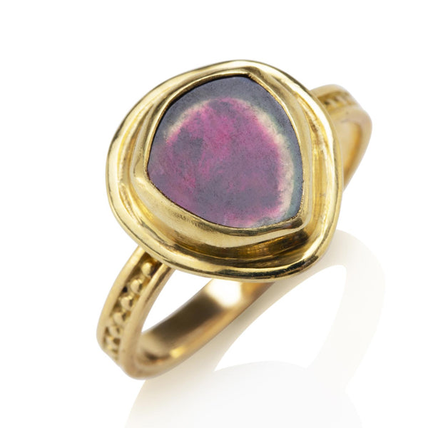 Bead & Rail Ring with Watermelon Tourmaline