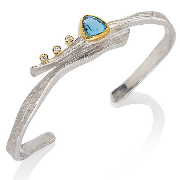 Argentium Driftwood Bracelet with Blue Topaz and Diamonds