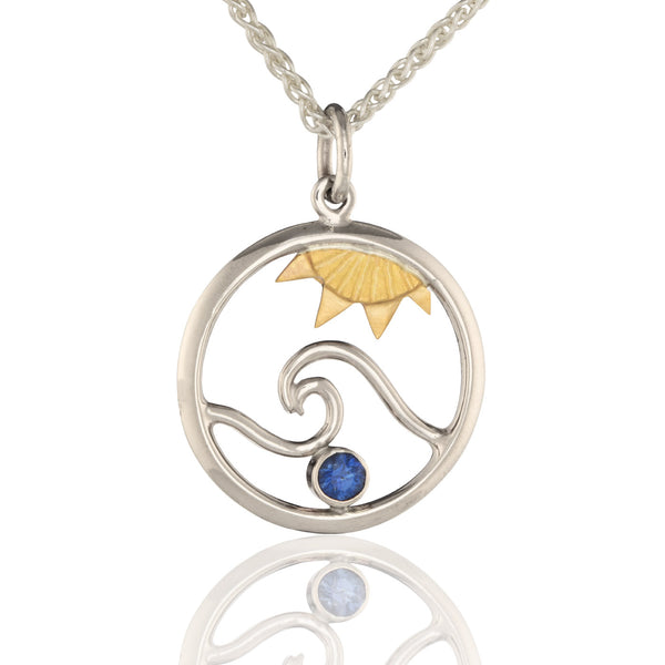 White Gold Ocean Pendant with 18K Sun and Sapphire