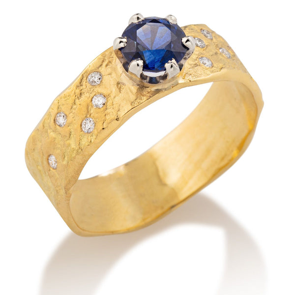 Rockhammered Sapphire Ring with Diamonds