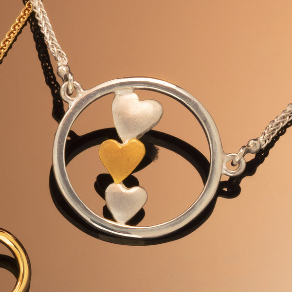 Triple Heart Necklace in Silver & Gold