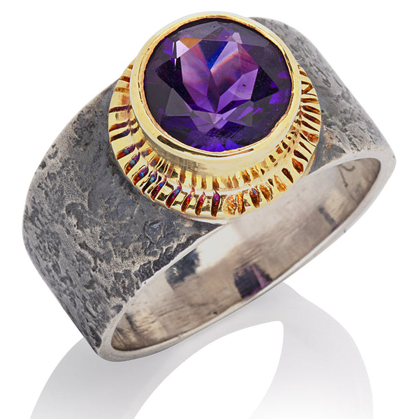 Sterling Rockhammered Ring with Amethyst