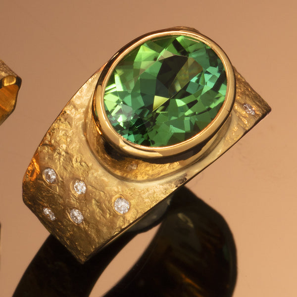 Green Tourmaline Rockhammered Ring